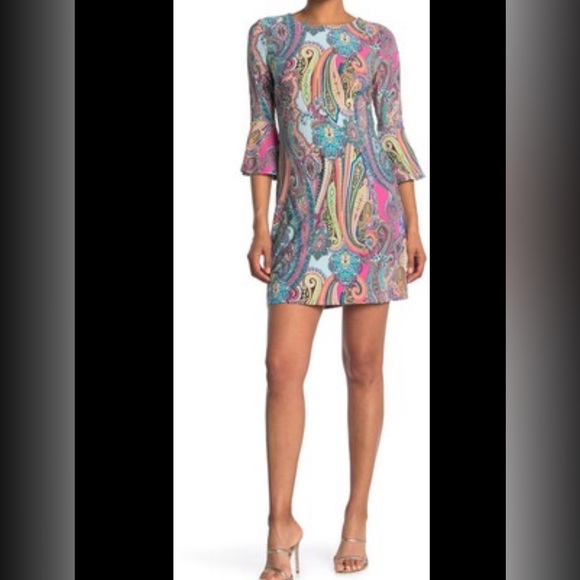 TOMMY HILFIGER women’s Petite Paisley Bell-Sleeve Sheath Dress in size 10P NEW - Picture 1 of 6